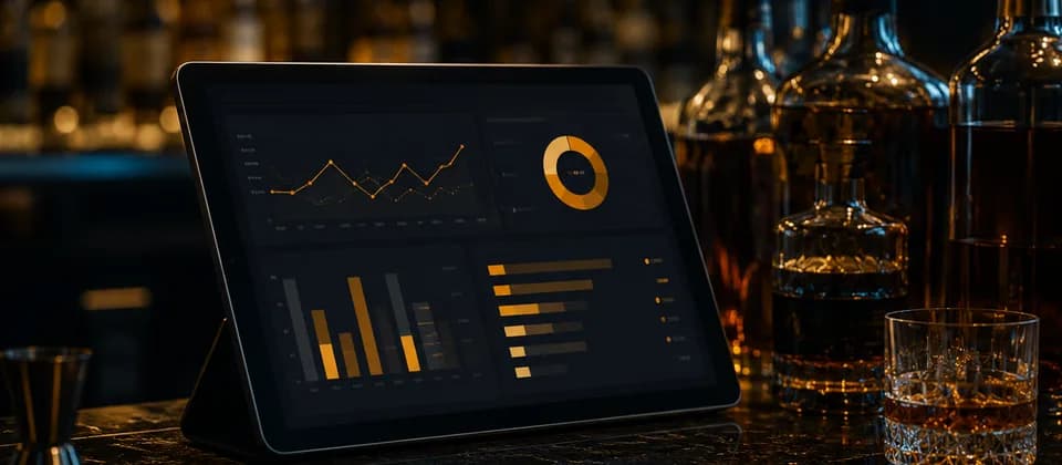 Tablet on a bar counter showing detailed variance and loss report charts ready to export
